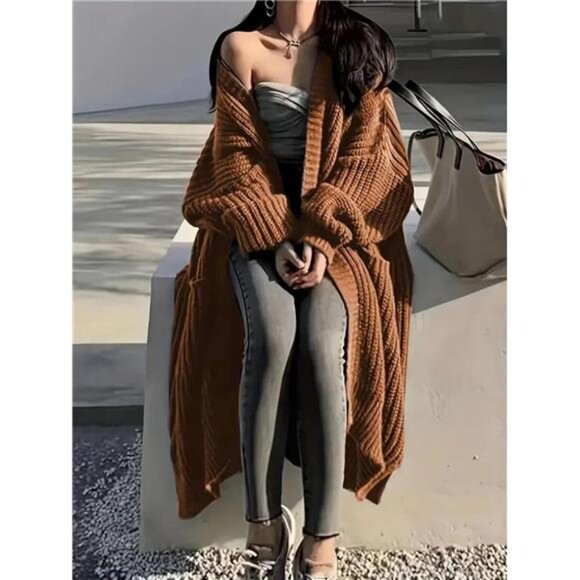 Womens Long Cardigan Sweaters Open Front Oversized Camel - Picture 5 of 5